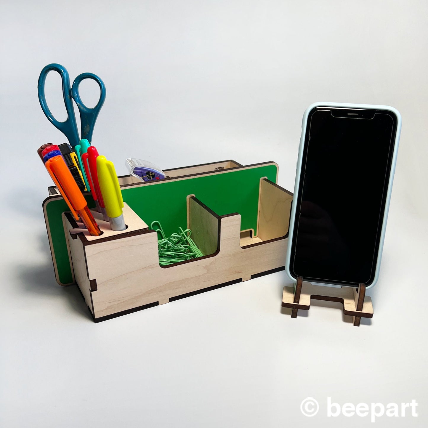 DESKTBUCKIT Wood Desk Caddy – Customizable Office Organizer with Smartphone Holder