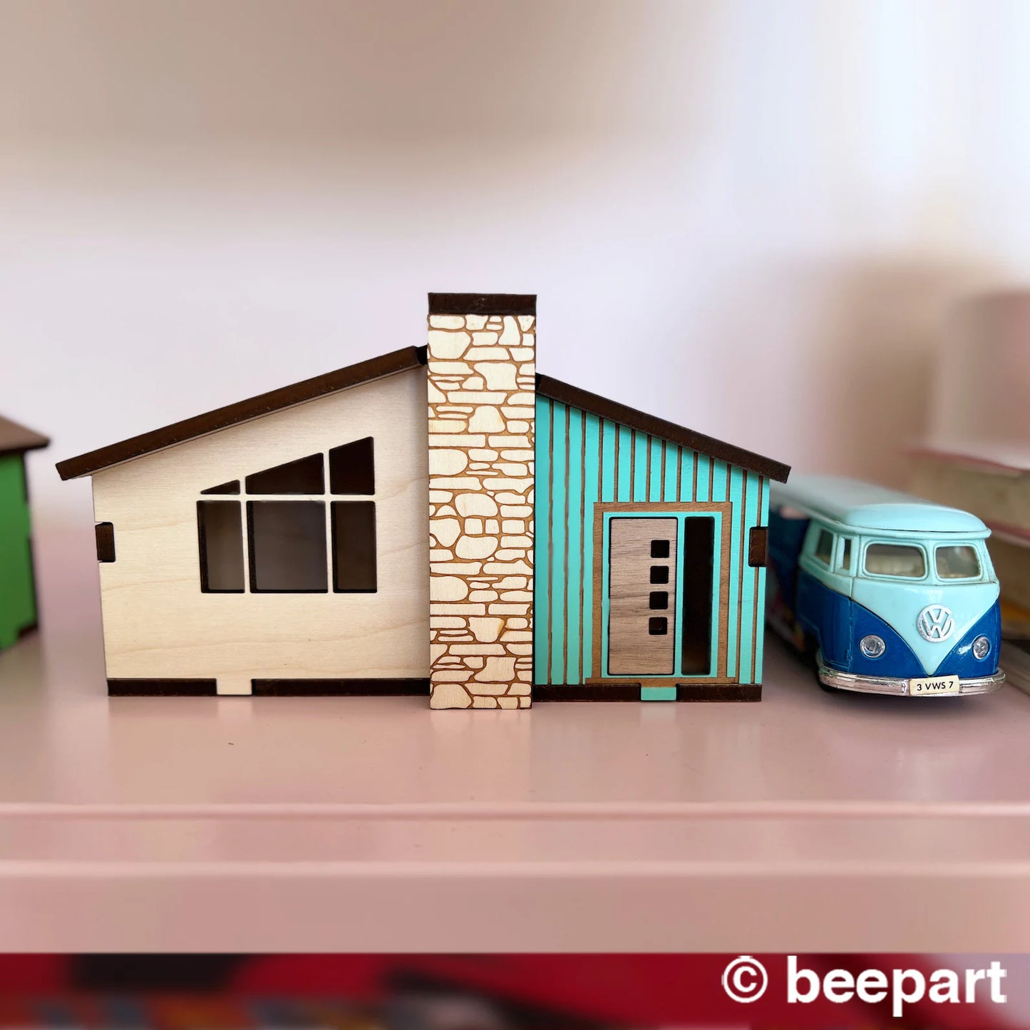 Mid Century Ranch Wood Miniature House | 1:48 Scale MCM Architectural Model