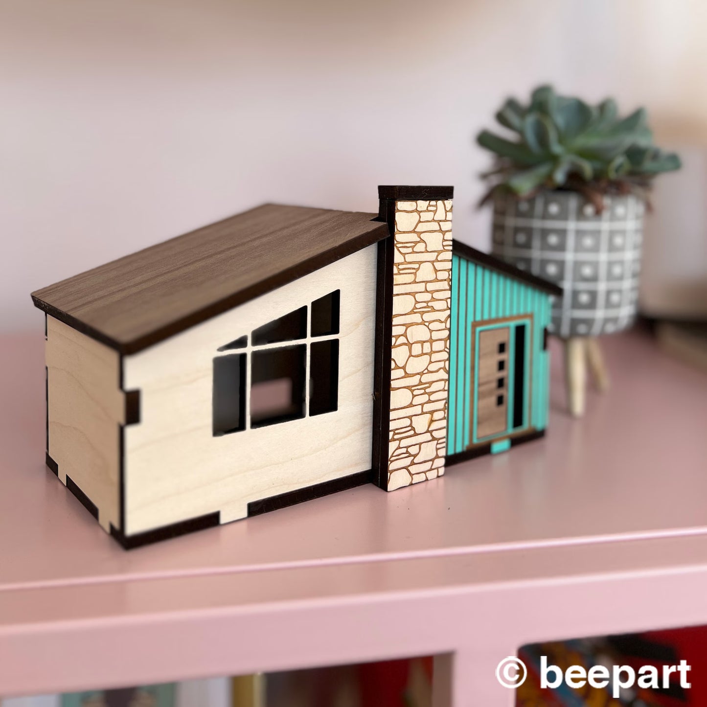 Mid Century Ranch Wood Miniature House | 1:48 Scale MCM Architectural Model