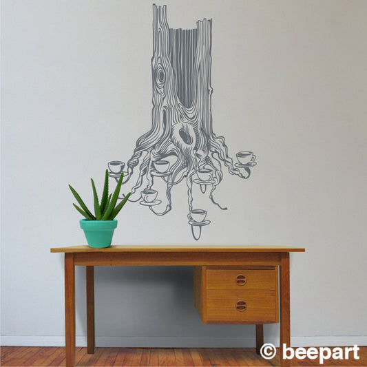 Tea tree wall decal-large size tree wall sticker, illustrated tree design, living room decor, bedroom decor, nature art, tea cups
