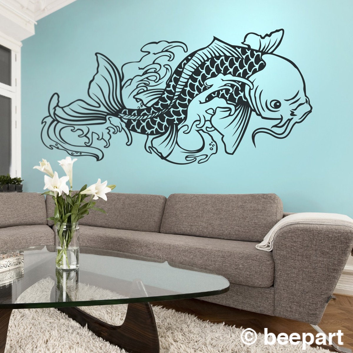 koi fish wall decal, japanese carp decal, traditional koi tattoo decal, fish sticker art, traditional japanese koi art, FREE SHIPPING