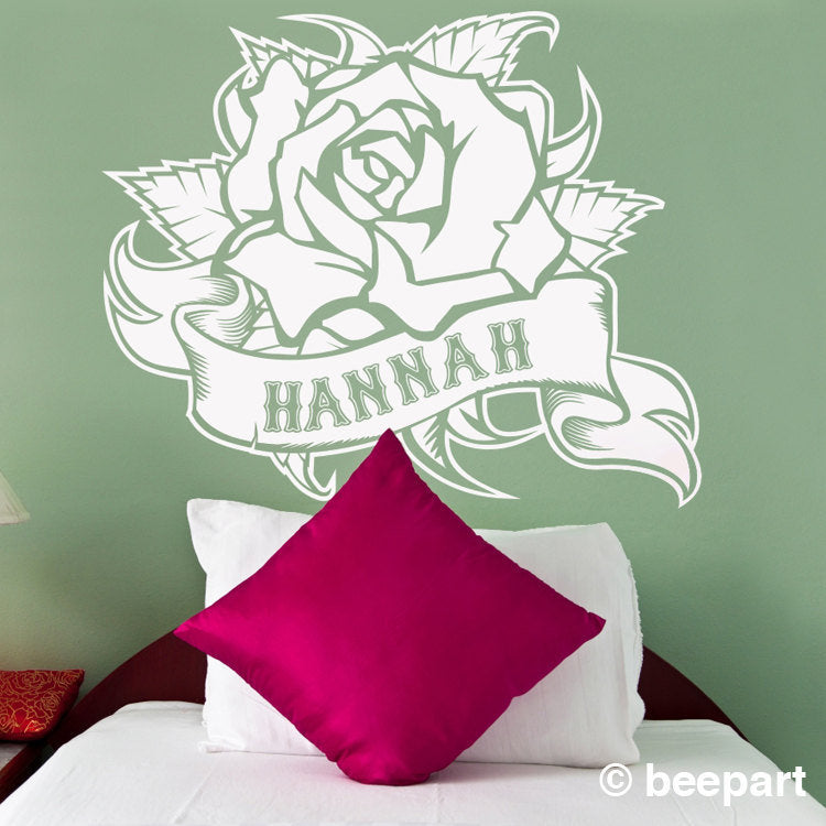 rose wall decal with custom banner, traditional rose tattoo art, rose sticker, vinyl wall decal floral, floral tattoo art, FREE SHIPPING