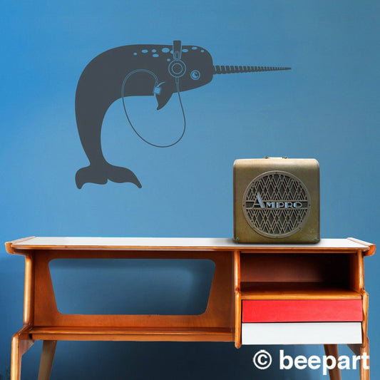 Narwhal with Headphones Wall Decal | Music Lover & Kids Room Vinyl Sticker