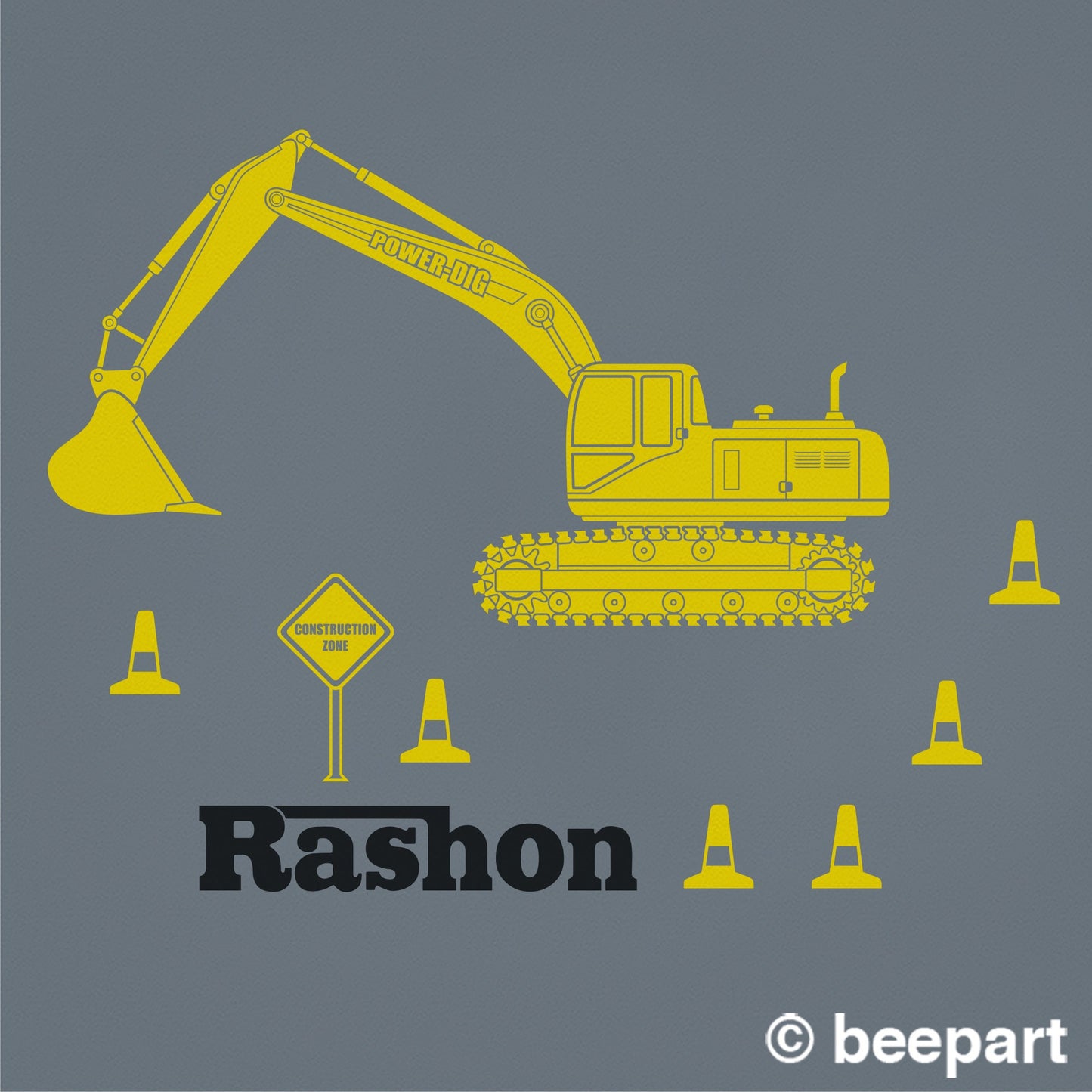 Personalized Excavator Wall Decal – Construction Equipment Sticker, Custom Name, Gift for Boys