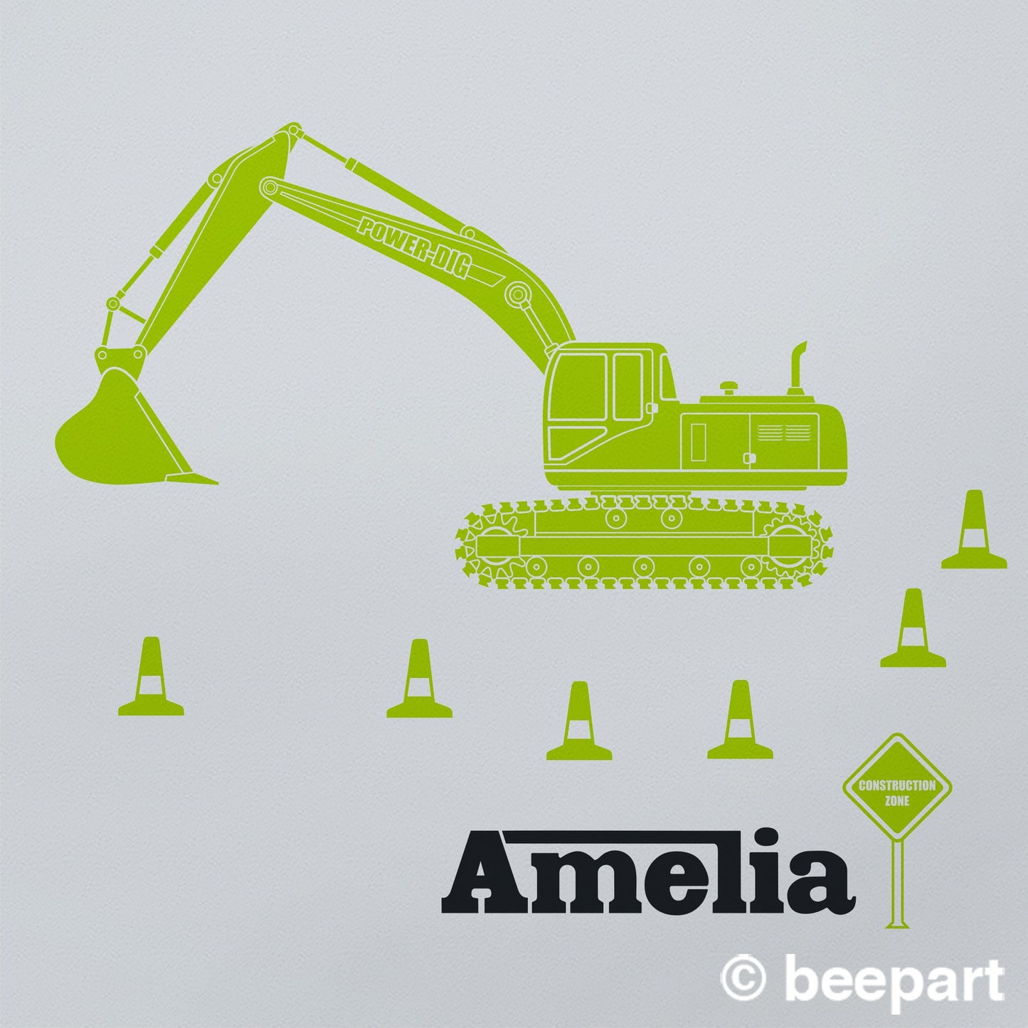 Personalized Excavator Wall Decal – Construction Equipment Sticker, Custom Name, Gift for Boys