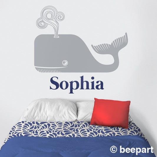 Personalized whale wall decal- custom name, cute animal art, name sticker, nautical art, nursery decor, children's room, whale motif
