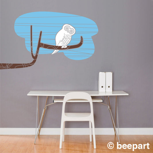 Owl Wall Decal – Mid-Century Modern Tree Branch Bird Art for Nursery & Kids Room