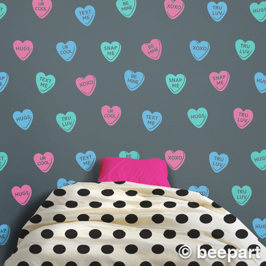Candy Hearts Wall Decal Set | Sweetheart Vinyl Stickers for Teen & Valentine's Decor