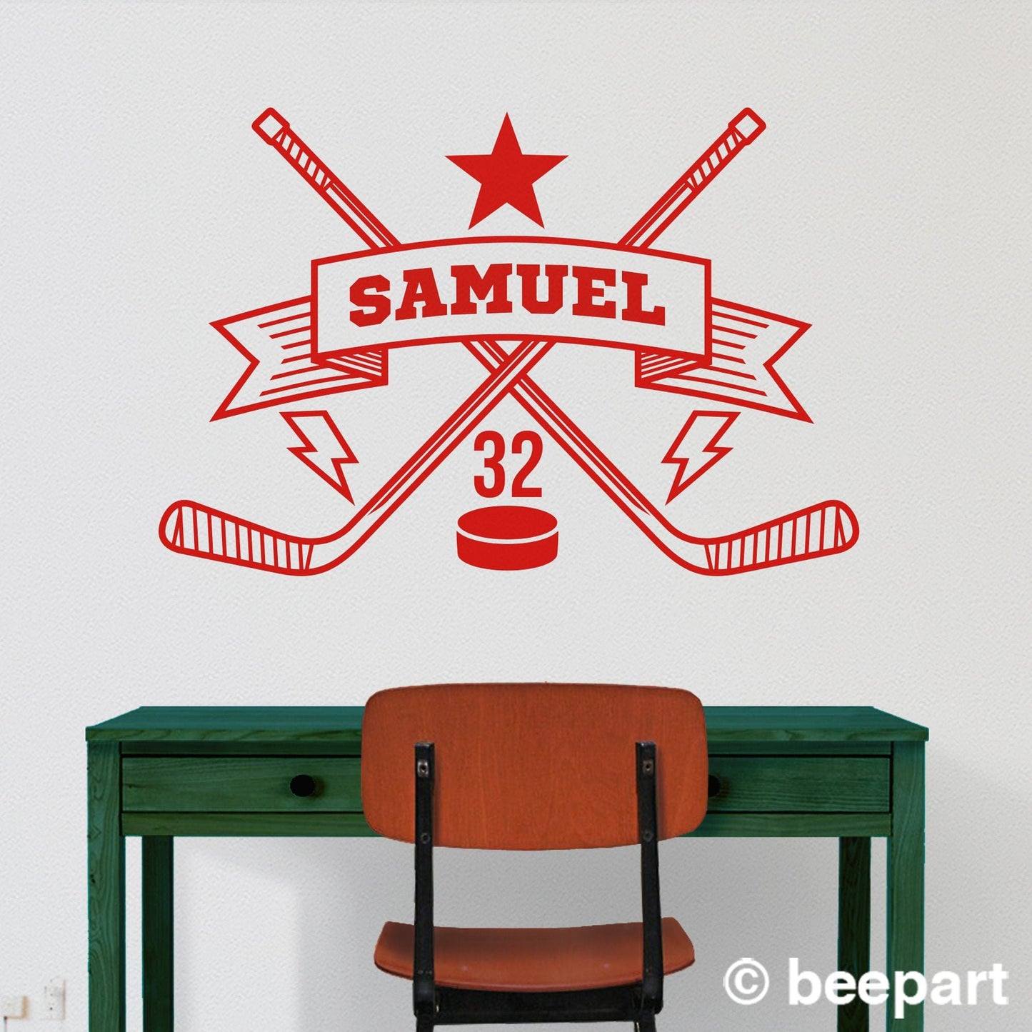 Personalized Ice Hockey Crest Vinyl Wall Decal | Custom Name & Number