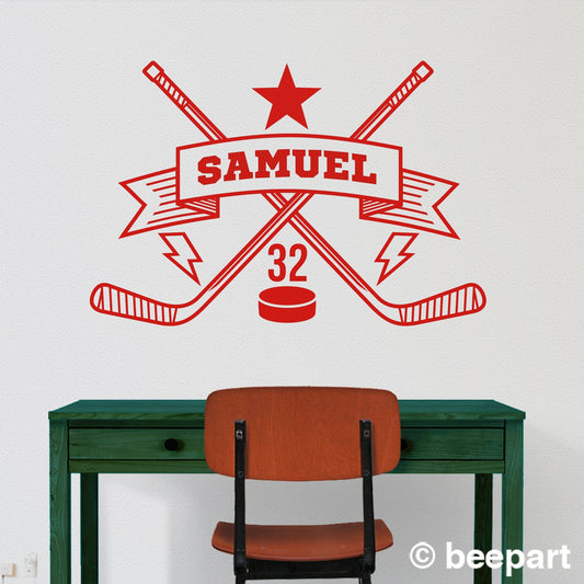 Personalized Ice Hockey Crest Vinyl Wall Decal | Custom Name & Number