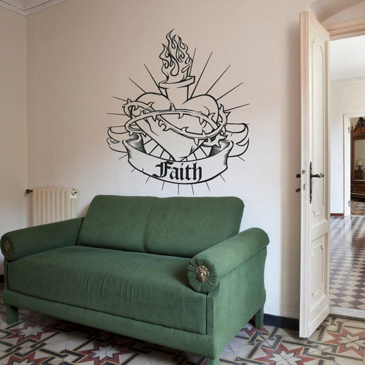 Sacred Heart Wall Decal – Custom Banner Text, Traditional Tattoo Style