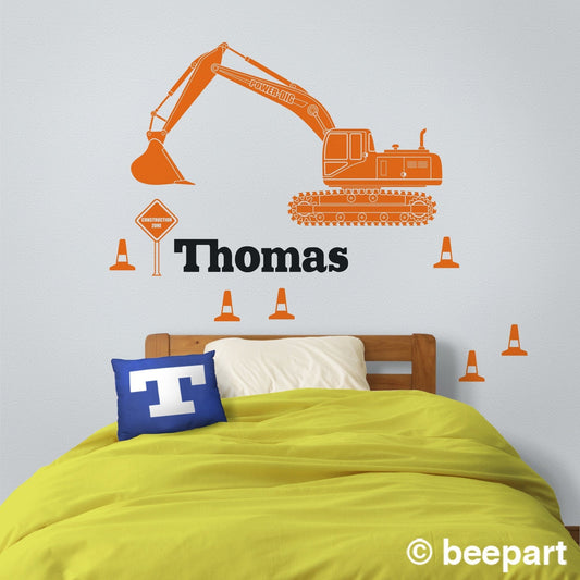 Personalized Excavator Wall Decal – Construction Equipment Sticker, Custom Name, Gift for Boys