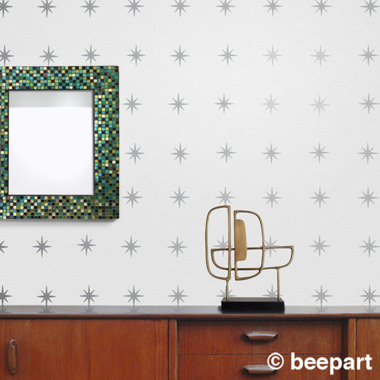 Silver coronata stars wall decal- metallic silver starburst, mid century modern, star pattern, star stickers