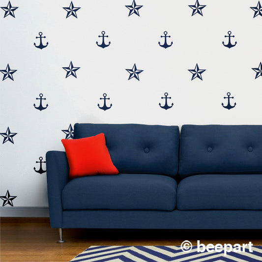 Nautical Anchor & Star Wall Decal Set | Sailor Coastal Home Decor