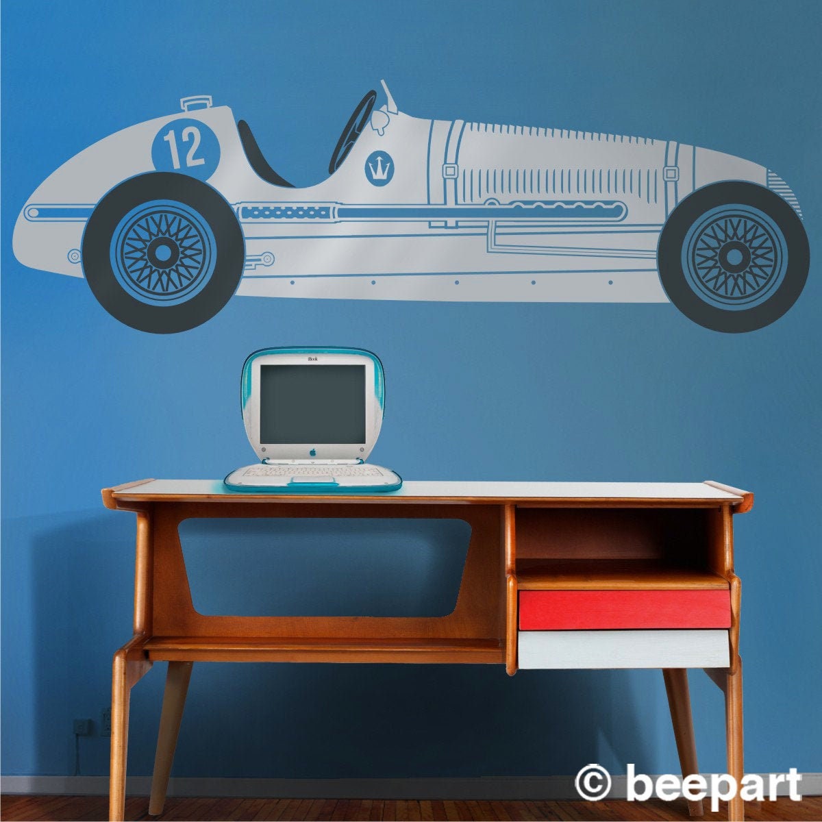 Vintage race car wall decal- Maserati art, car sticker, grand prix art, custom car decal, car lover gift, automobile art, gift for boys