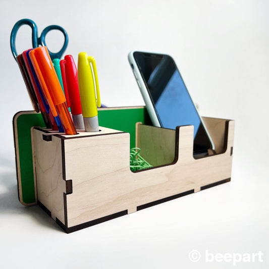 DESKTBUCKIT Wood Desk Caddy – Customizable Office Organizer with Smartphone Holder