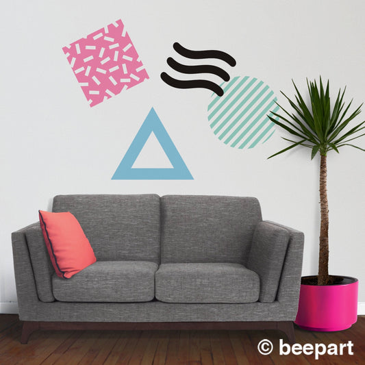 Retro 80s style wall decals, abstract design, Memphis group inspired, 80s art deco, geometric, vintage eighties, retro design, bedroom decor