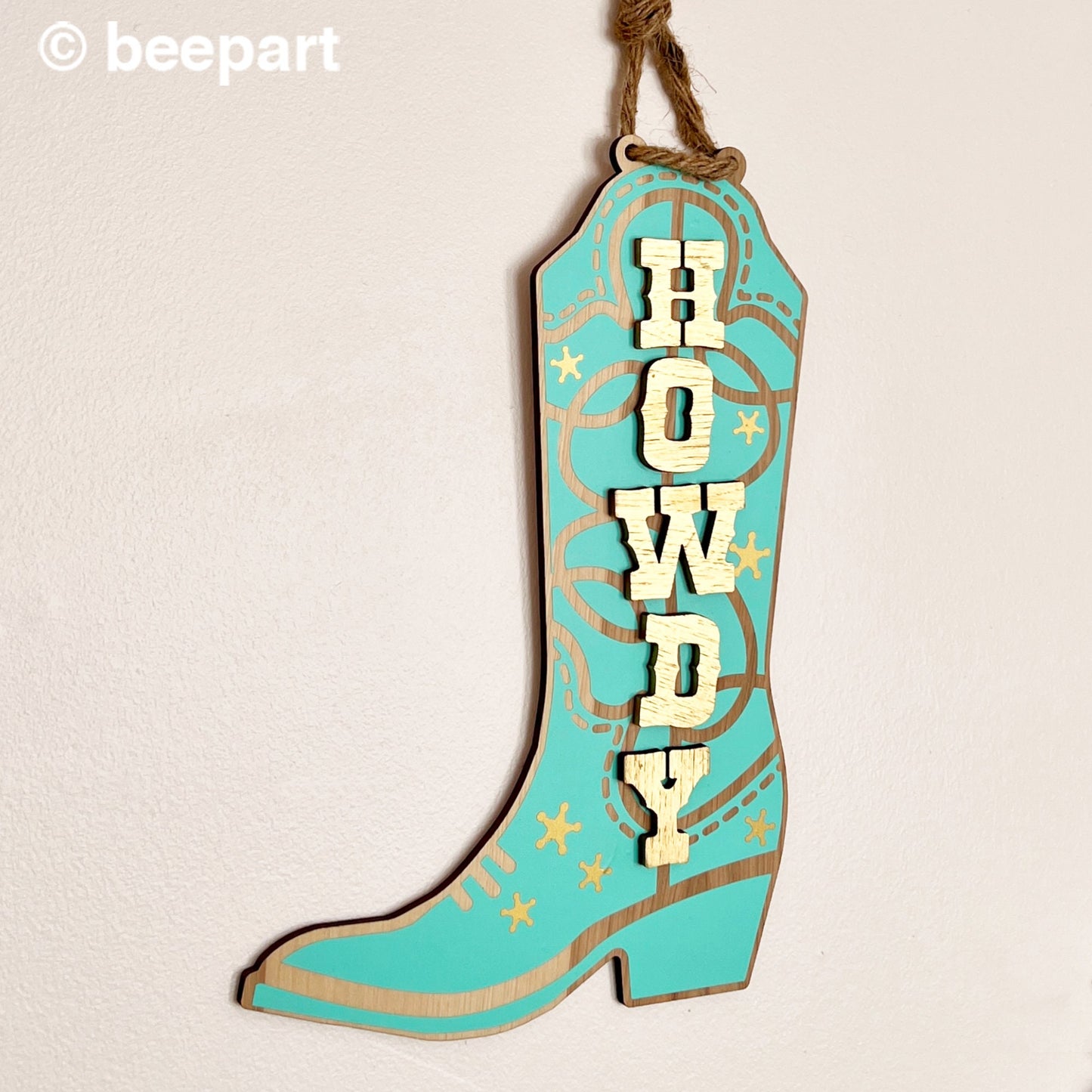 Howdy Cowboy Boot Door Hanger – Mint & Gold Wall Sign for Bedroom & Entryway
