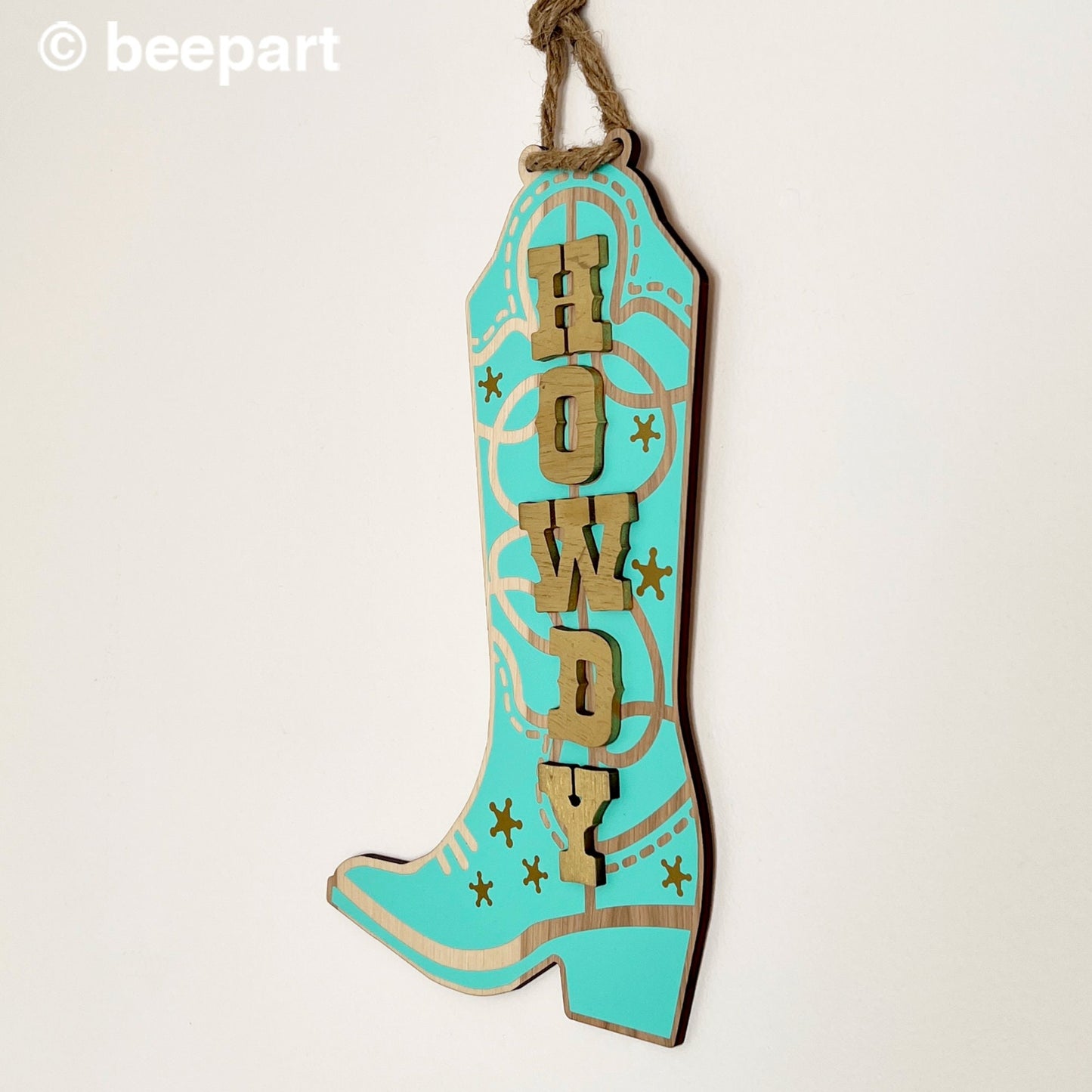 Howdy Cowboy Boot Door Hanger – Mint & Gold Wall Sign for Bedroom & Entryway