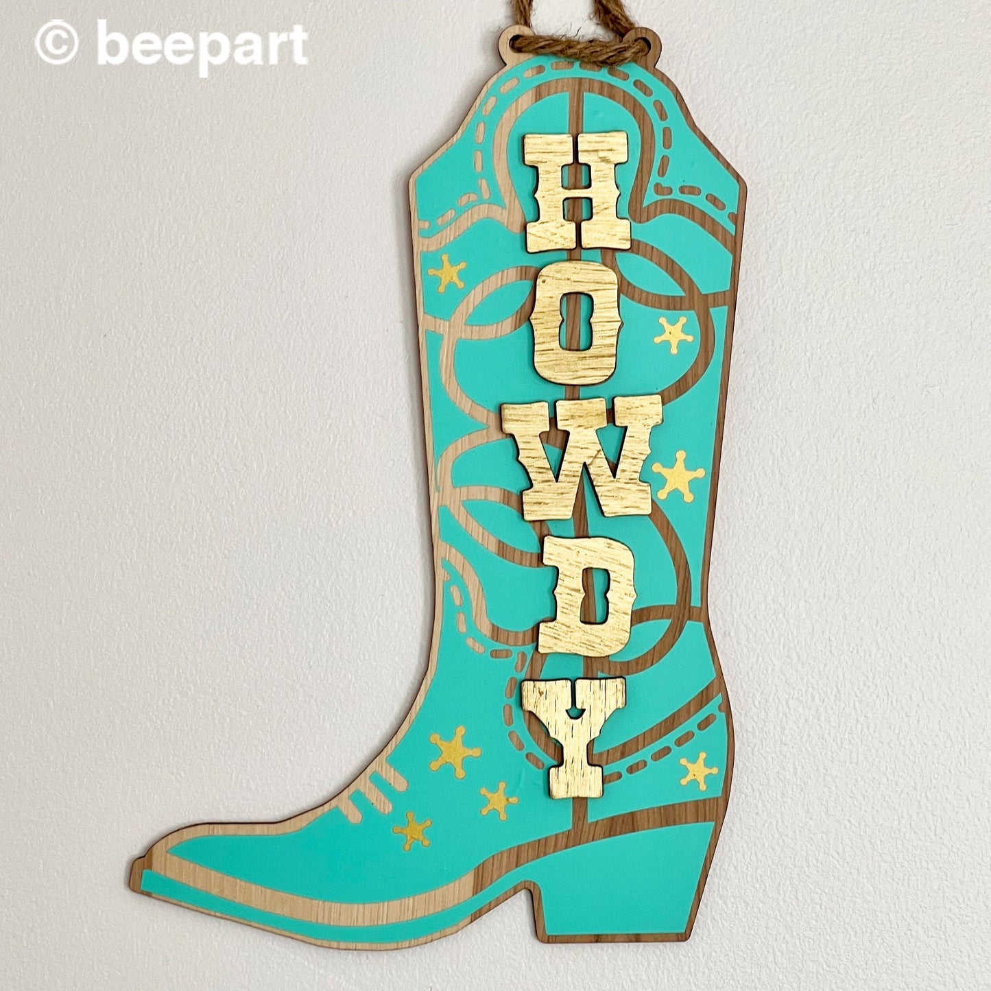 Howdy Cowboy Boot Door Hanger – Mint & Gold Wall Sign for Bedroom & Entryway