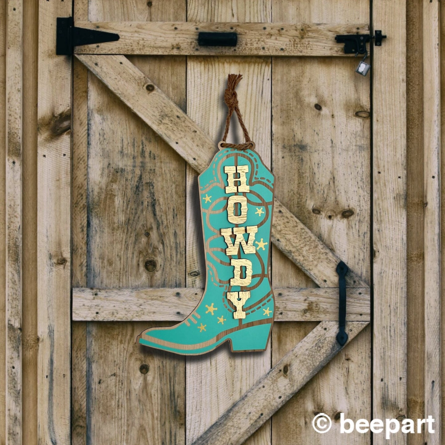 Howdy Cowboy Boot Door Hanger – Mint & Gold Wall Sign for Bedroom & Entryway