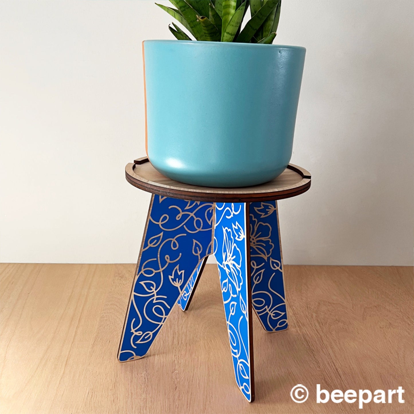 CLEMENTINE Floral Plant Stand | XL Wood Indoor Plant Holder – Gentian Blue