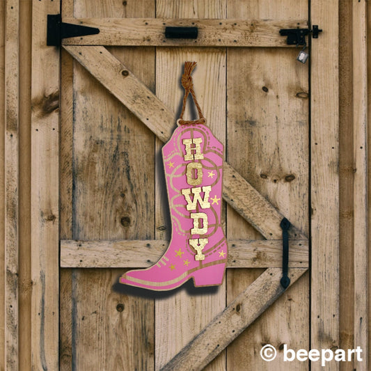 Howdy cowboy boot door hanger, pink cowboy boot wall hanging, country door sign, country music decor, teen bedroom, cowboy chic, cowgirl
