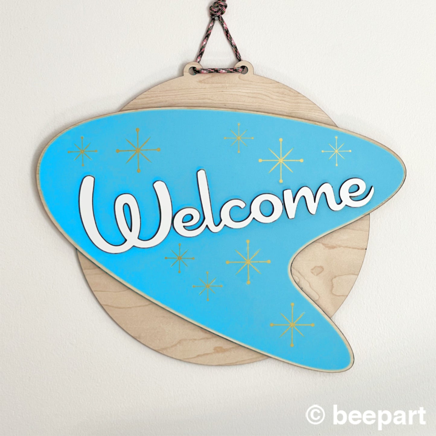 Mid Century Modern Welcome Sign | Atomic Boomerang Door Hanger