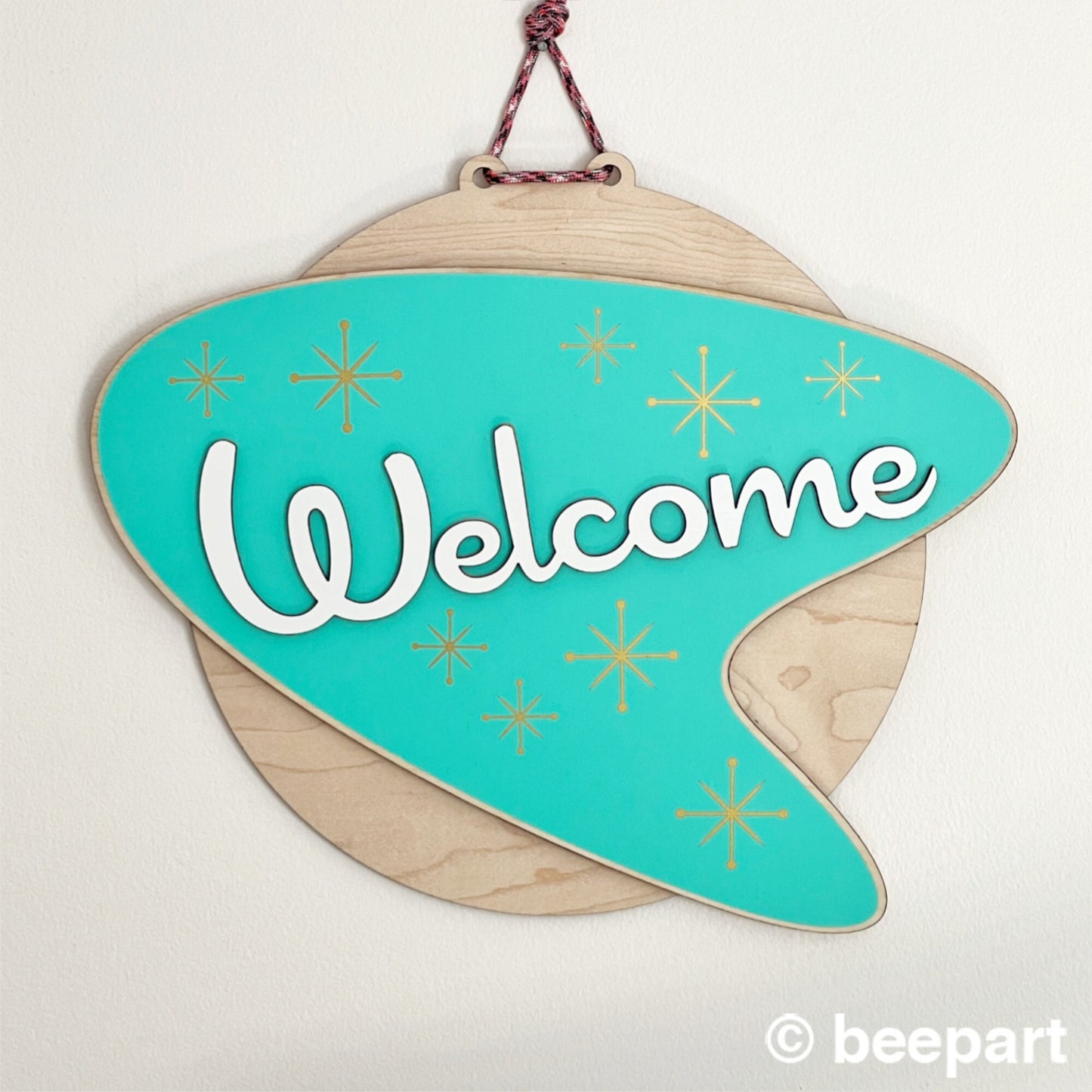 Mid Century Modern Welcome Sign | Atomic Boomerang Door Hanger