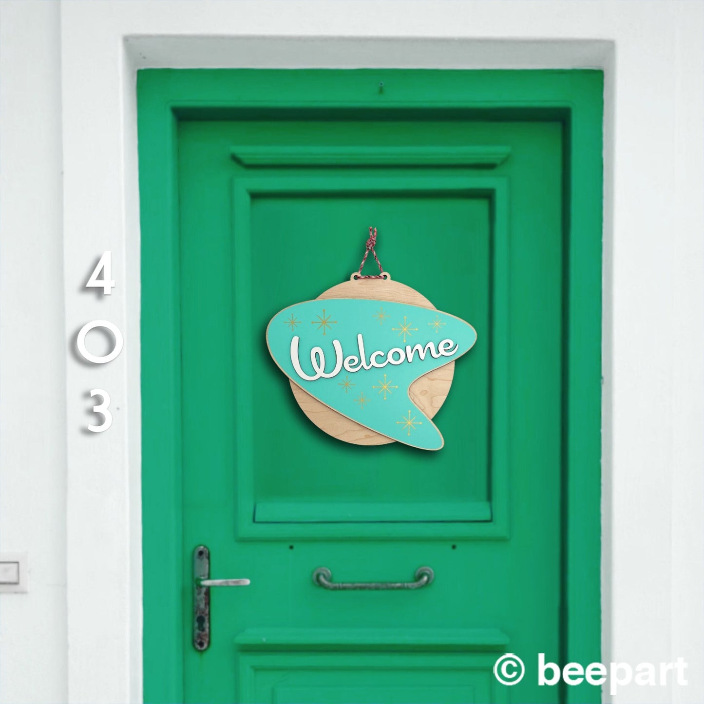 Mid Century Modern Welcome Sign | Atomic Boomerang Door Hanger