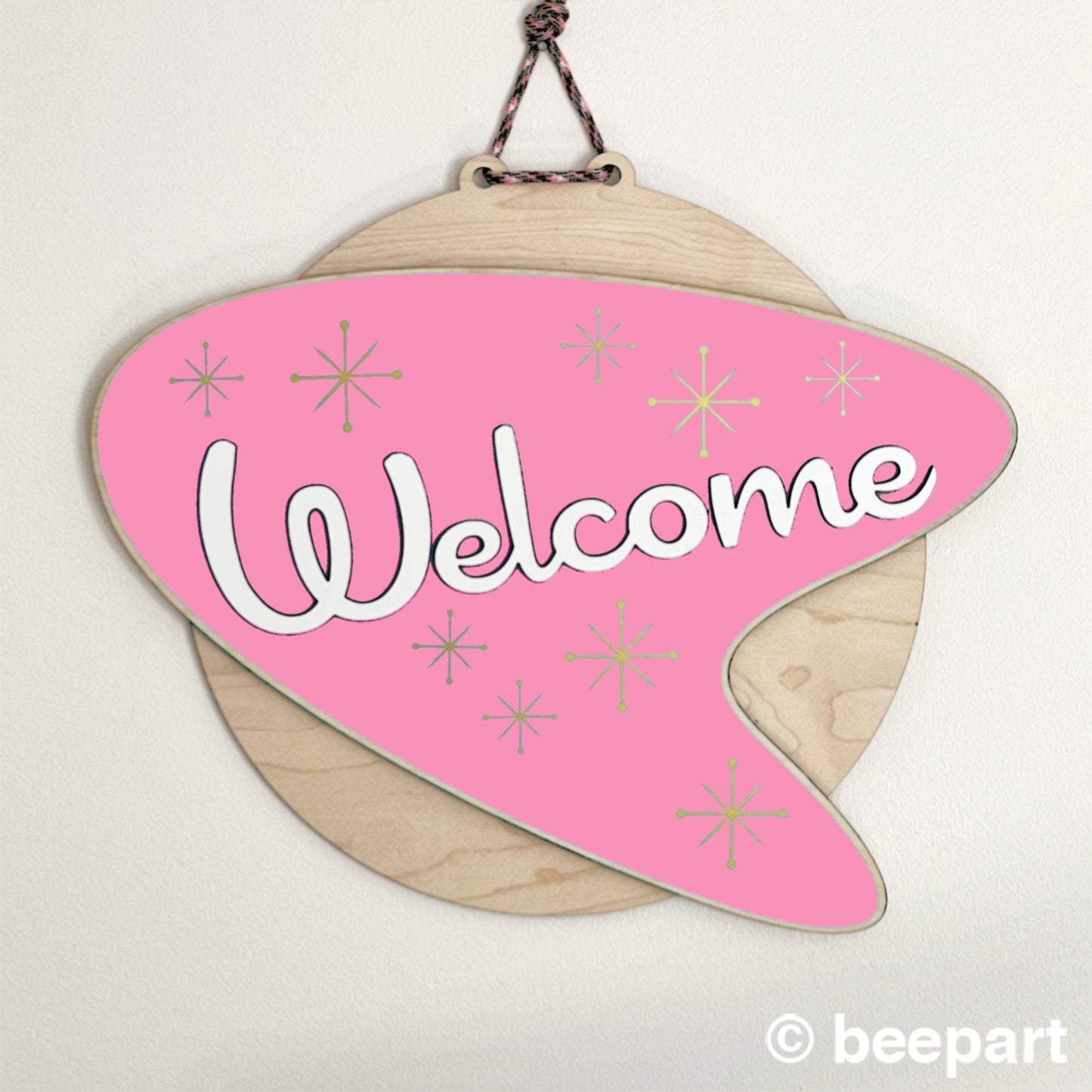 Mid Century Modern Welcome Sign | Atomic Boomerang Door Hanger