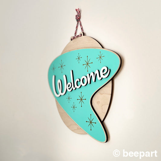 Mid Century Modern Welcome Sign | Atomic Boomerang Door Hanger